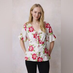 LC Lauren Conrad Floral Linen Blend Peplum Blouse Pink White XL Boho Top
